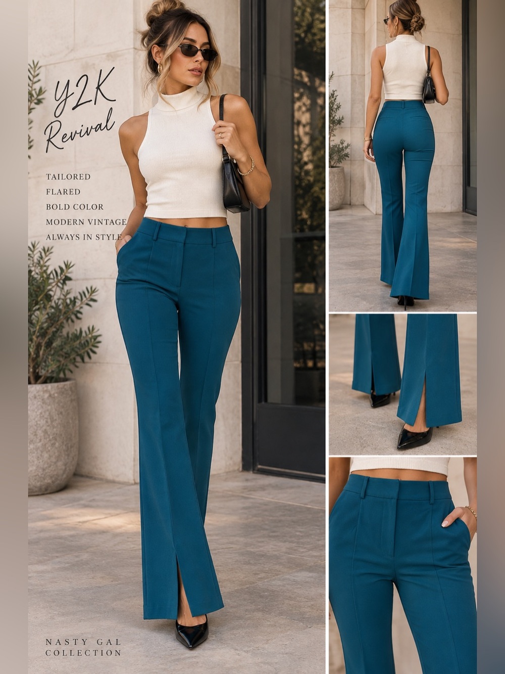 Nasty Gal Collection Teal Tailored Flare Trousers Pants US 6 Y2K Office Siren